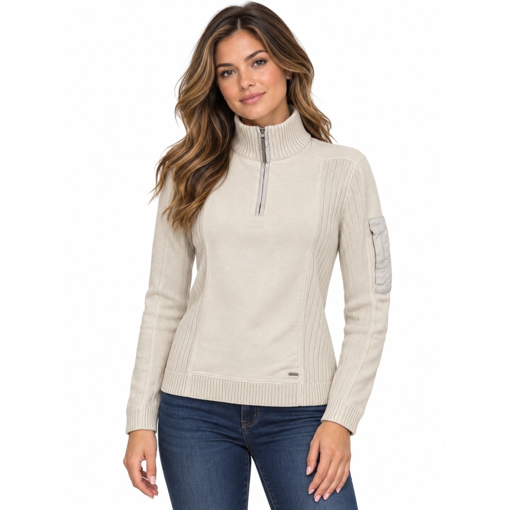 Calvin Klein Women's Small Beige Quarter Zip Sweater Ribbed Knit Sleeve Pocket